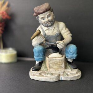 Vintage Blacksmith Figurine Ceramic/Porcelain Man Anvil Hammer Decor 1950s-HD007